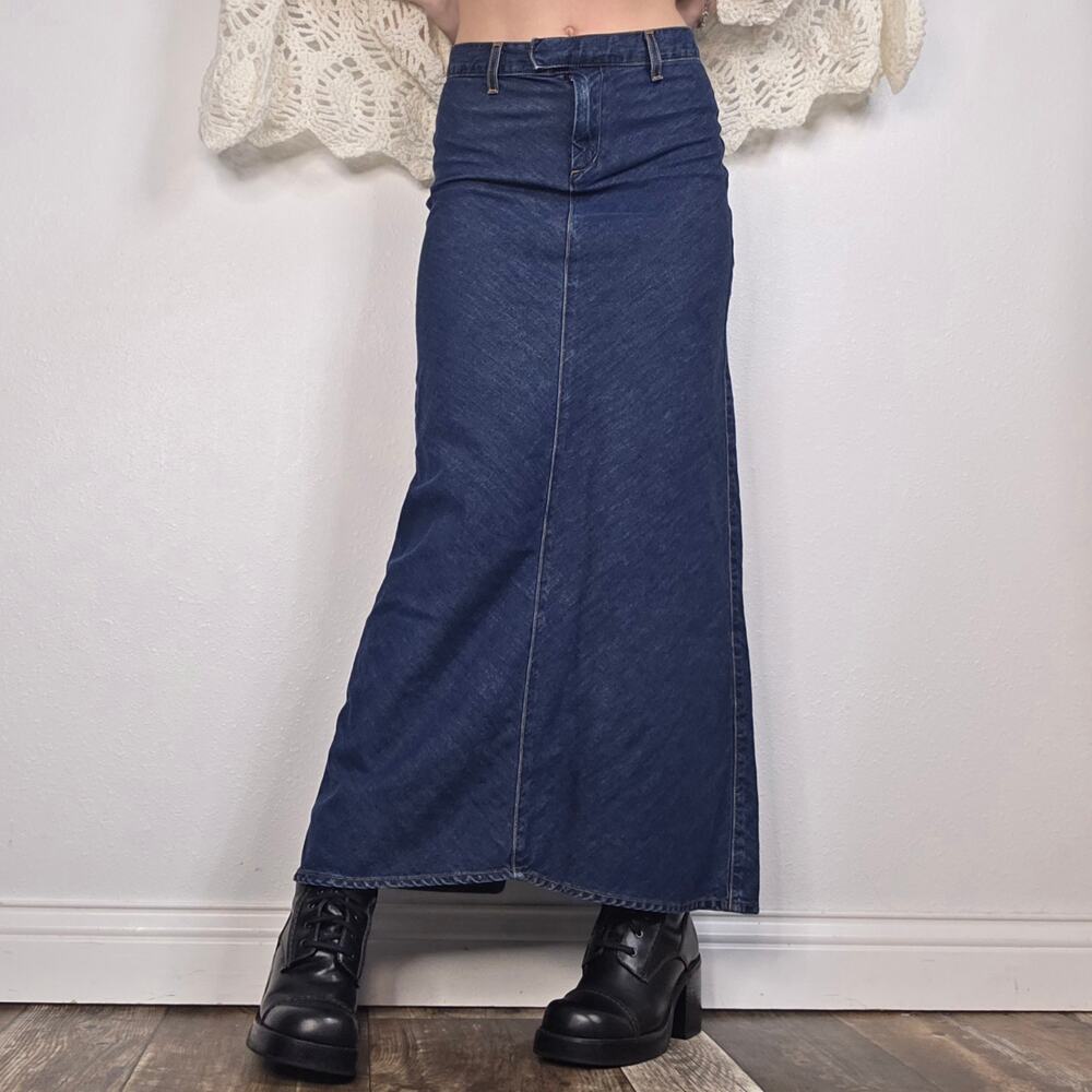 Denim Maxi Skirt Dark Wash Y2K Back Slit Boho Festival Costal Cowgirl